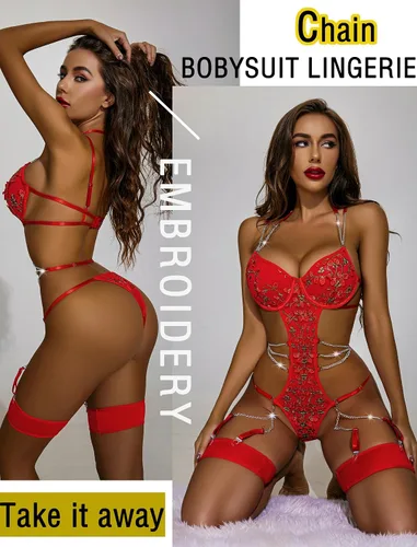 Vista 8 de Avidlove Conjunto de lencería para mujer con aro floral, liguero, lencería push up, conjunto de liguero de cadena