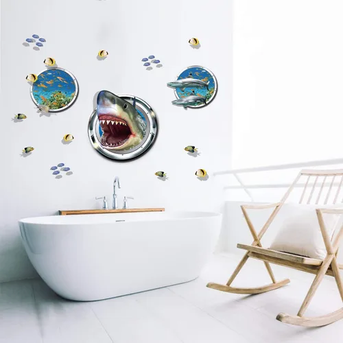 Vista 3 de Calcomanías de pared 3D con diseño de tiburón, peces tropicales, bricolaje, decoración artística para niños, dormitorio, sala