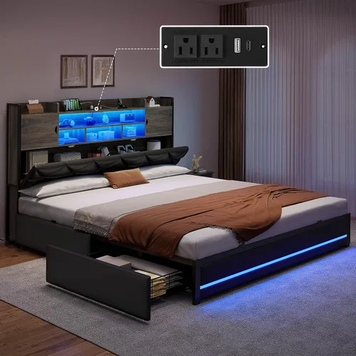 Vista 3 de DWVO Queen Size Bed Frame with RGB LED Lights & Storage Bookcase Headboard Upholstered Bed with Charging Station and 4 Drawers, No Box Spring