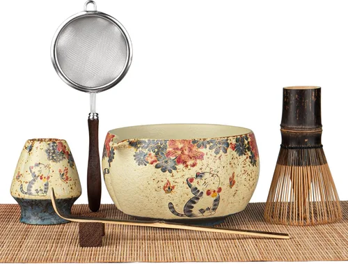 Vista 12 de Juego de batidor de matcha de 7 piezas con cuenco y batidor de 100 puntas Intricate Hand-Applied Decal, Bamboo Tea Mat Included, 100-Prong for