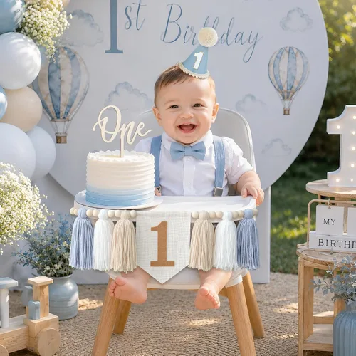 Vista 6 de DCJHFJ Decoraciones de primer cumpleaños para niño, pancarta azul para silla alta con sombrero de primer cumpleaños y una decoración de pastel