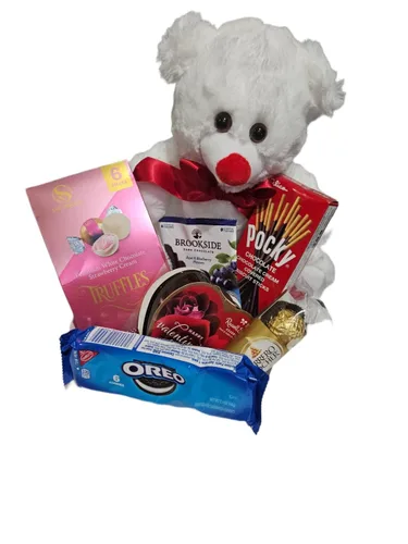 Vista 2 de Regalo del día de San Valentín osito de peluche con chocolates y galletas surtido, 10 pulgadas (blanco)