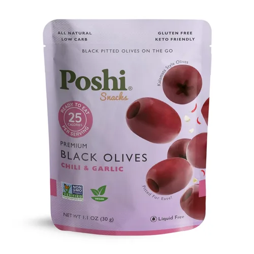 Vista 9 de Poshi Olives + Veggies Variedad de aceitunas enteras sin hueso de 4 sabores Poshi 4 sabores Vegano, Kosher, sin gluten + Snacks saludables