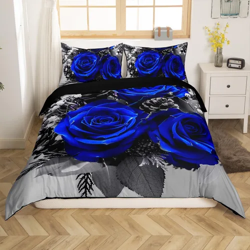 Vista 7 de Juego de funda de edredón de rosa roja, tamaño matrimonial, juego de ropa de cama floral color rojo degradado y negro para niñas, mujeres, niños
