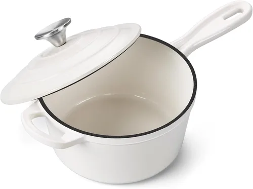 Vista 17 de Onader Sartén de hierro fundido esmaltado, cacerola pequeña de 1 cuarto de galón con tapa, olla de hierro fundido, horno holandés esmaltado, Blanco