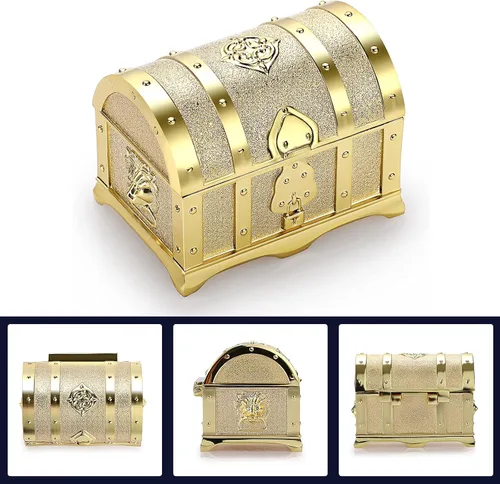 Vista 3 de Hipiwe Joyero de metal vintage con diseño de cofre del tesoro, aretes de anillo pequeño, collar de recuerdo para niñas, mujeres y mujeres, dorado