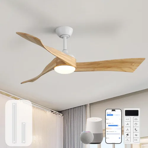 Vista 10 de Sofucor Ventiladores de techo inteligentes de 52 pulgadas con luz moderna de madera maciza para exteriores, ventilador de techo de 3 aspas con luz