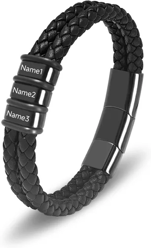 Vista 9 de Pulsera personalizada para hombre con cuentas de nombre personalizadas, pulsera de cuero trenzado personalizada grabada con 2-6 nombres