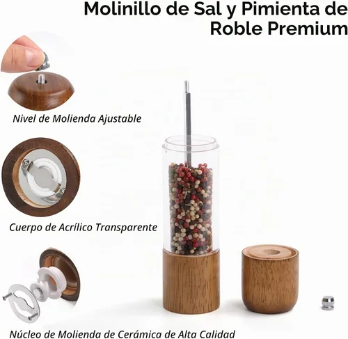 Vista 2 de Molinillo de sal y pimienta de madera, molinillo de sal y pimienta, cocteleras de madera de roble con molinillos de cerámica ajustables, 8 pulgadas