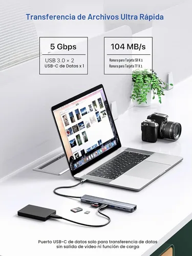 Vista 5 de Dockteck Hub USB-C 9 en 1: HDMI 4K a 60Hz, Ethernet, 100W PD, audio, 2 x USB-A 5 Gbps, lector de tarjetas SD/TF para MacBook, iPad, XPS, Microsoft