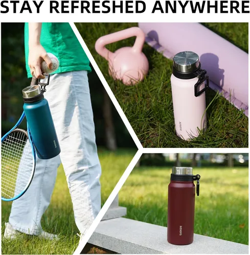 Vista 6 de BJPKPK Botella de agua aislada de 24 onzas con asa, sin BPA, botella térmica de viaje de acero inoxidable reutilizable, botella de agua grande, Negro
