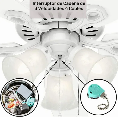 Vista 2 de Interruptor de ventilador de techo 3 velocidades 4 cables, piezas de repuesto de ventilador de techo Ze-268s6, interruptor de cadena de tracción