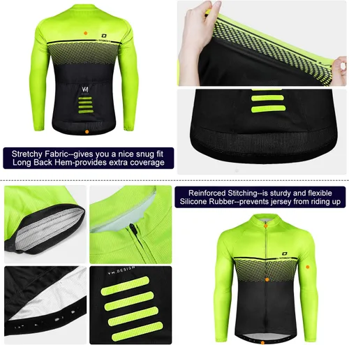 Vista 8 de Maillot de ciclismo para hombre, manga larga, con 3 bolsillos traseros, secado rápido, transpirable, para bicicleta
