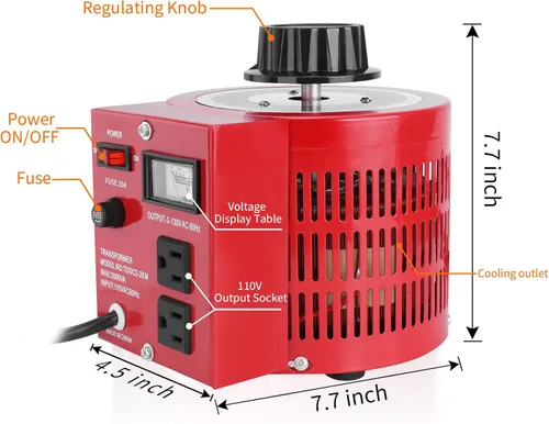 Vista 7 de Fuente de alimentación auto del regulador de voltaje de CA del transformador variable de 20 amperios, 2000VA máximo, 0 ~ 130 voltios de salida