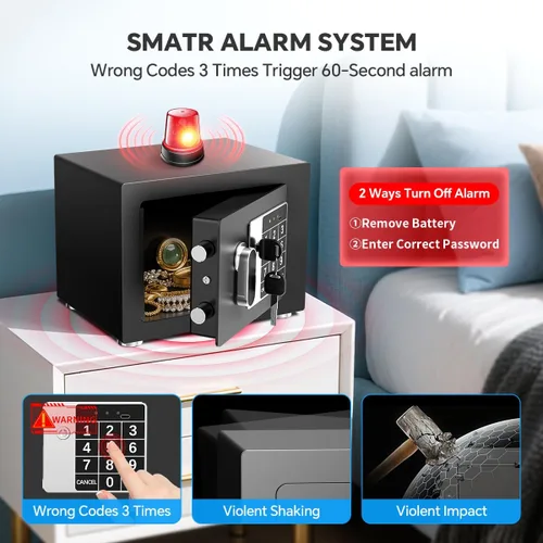 Vista 7 de Caja fuerte pequeña para el hogar, 6.7 pulgadas de profundidad x 9 pulgadas de ancho x 6.7 pulgadas de alto, caja de seguridad electrónica con Negro