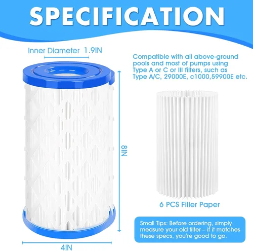 Vista 2 de Cartucho de filtro universal para piscina tipo A/C o III, paquete de 6 reemplazos reutilizables para piscinas sobre el suelo, filtración de alta