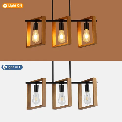 Vista 4 de 9MMML Lámpara de 3 luces para isla de cocina, lámpara de comedor negra, con marco de madera, para sala de estar, vestíbulo, entrada, pasillo, E26