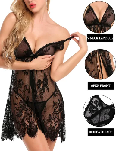 Vista 2 de Avidlove Babydoll Lencería para Mujer Luna de Miel Cuello en V Chemise Sexy Exótica Abierta Frontal Negligee