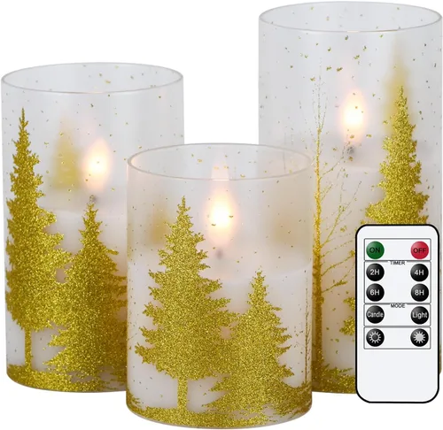 Vista 17 de Velas de Cristal sin Llama de Árbol de Navidad con Control Remoto Temporizador Operadas con Batería Cera Real Mecha 3D LED Parpadeantes Velas