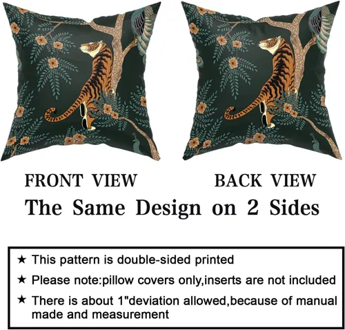 Vista 4 de Juego de 2 fundas de almohada de tigre, de algodón, con diseño de animales de bosque de pavo real, decorativas, para dormitorio, sofá, sala