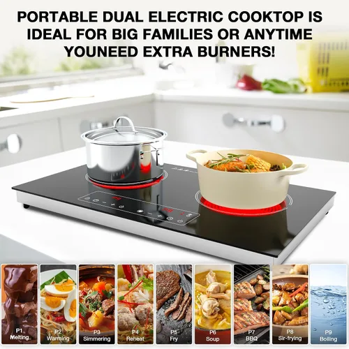 Vista 5 de Cocina eléctrica, 110 V, 2400 W, 2 quemadores, encimera y estufa integrada con 9 niveles de potencia, bloqueo de seguridad para niños, temporizador