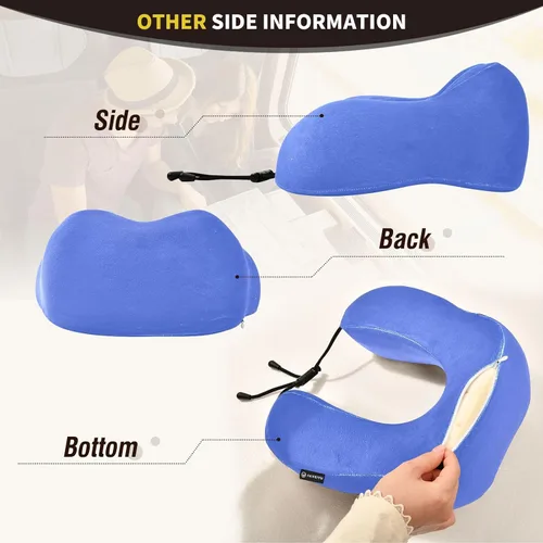 Vista 4 de Almohada de viaje azul real para cama de viaje de coche, almohada de espuma viscoelástica en forma de U para el cuello, color azul rey