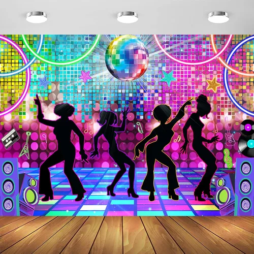 Vista 9 de Decoración de fiesta de discoteca de 5 x 3 pies, telón de fondo de discoteca, fiesta retro brillante de los años 70, 80 y 90, fondo de baile