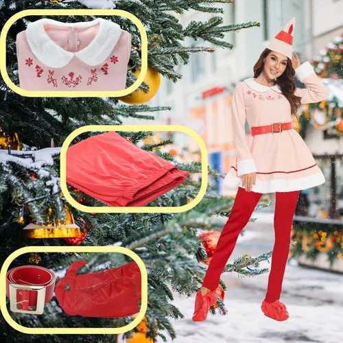 Vista 4 de KDFJIEelf Elf Costume for Women, Women Elf Movie Deluxe Jovi the Elf Dress Adult, Christmas Elf Costume