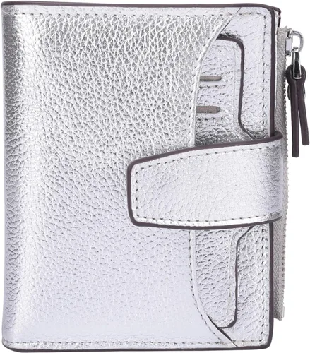 Vista 26 de Cartera de cuero con bloqueo RFID para mujer, pequeña, compacta, doble cremallera, con ventana para identificación