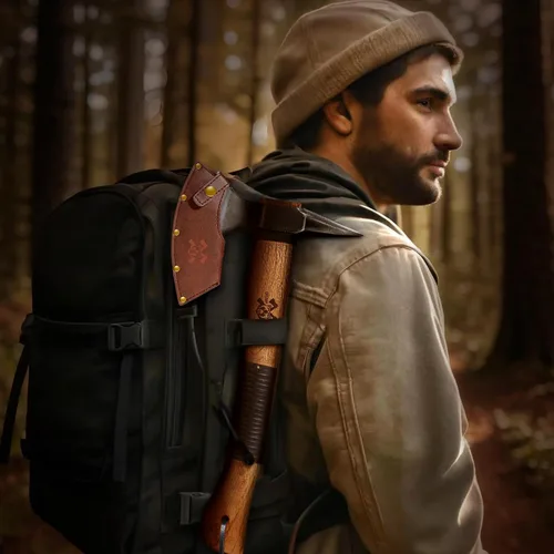 Vista 7 de Grumpy Bear Hacha de campamento de 15 pulgadas, hacha de supervivencia con funda, acero de alto carbono y mango de madera, agarre antideslizante