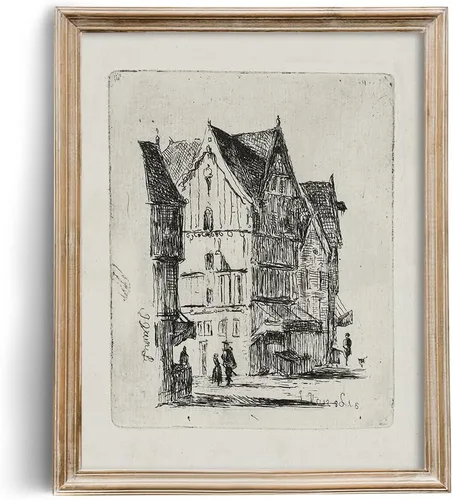 Vista 5 de Dibujo de Edificios de Ciudad en Estilo Rústico en Gris - Grabado de Arquitectura Urbana en Poster - Arte de Pared Vintage de Granja - Bosquejo Gris