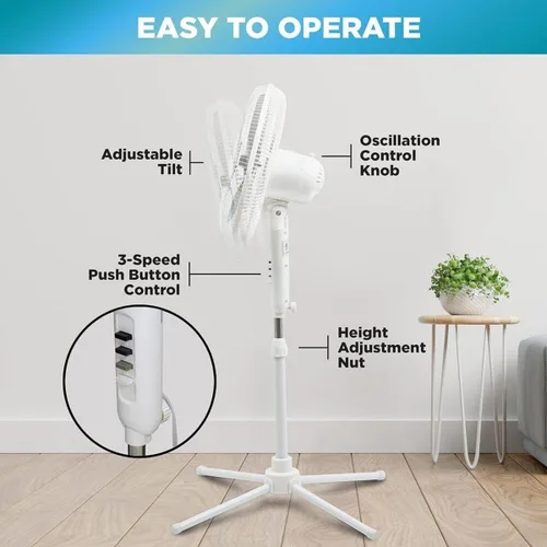 Vista 9 de EZ-Chill Ventilador de pie oscilante de 16 pulgadas, opciones de 3 velocidades, cabezal oscilante de 90 grados, altura y inclinación ajustables