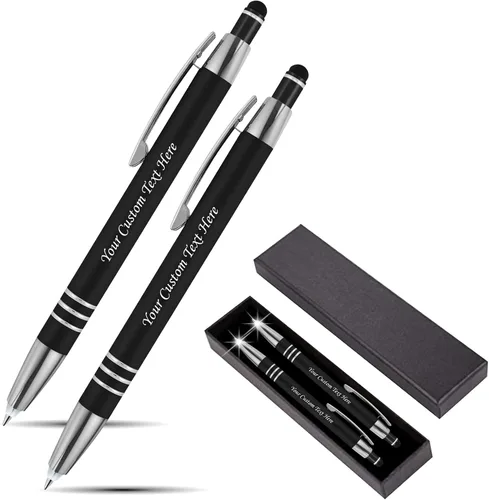 Vista 6 de Juego de regalo personalizado, 2 bolígrafos de lujo de metal de goma + linterna LED de escritor nocturno + lápiz capacitivo + caja de regalo, nombre