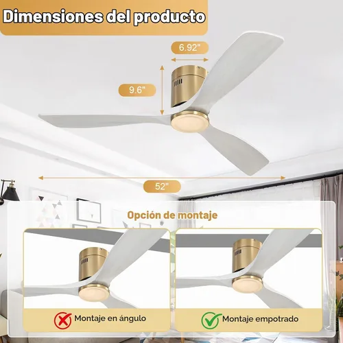 Vista 2 de Sofucor - Ventilador de techo de 52 pulgadas sin luz, de montaje empotrado con control remoto, ventiladores de techo de madera maciza para Montaje