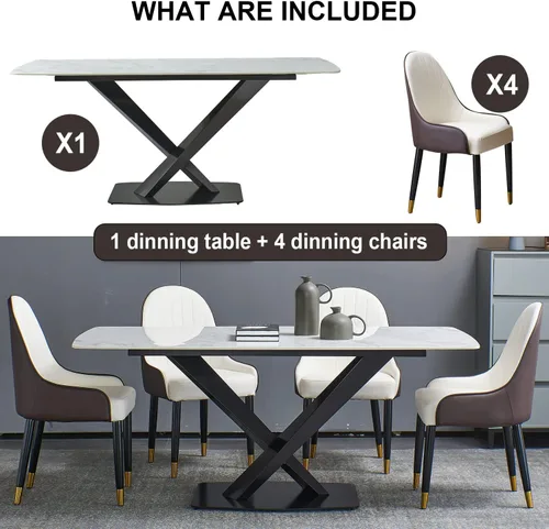 Vista 2 de Juego de mesa de comedor de mármol sintético, mesa de comedor rectangular de 63 pulgadas con mesa de piedra sinterizada y base de acero al carbono