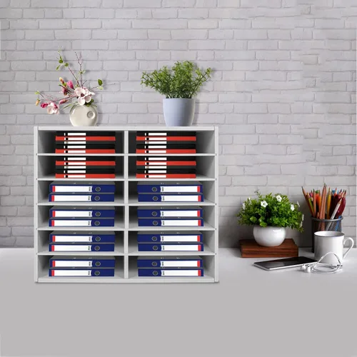 Vista 8 de Organizador de literatura de escritorio con 12 compartimentos, clasificador de archivos ajustable, centro de correo, soporte para revistas, gabinete