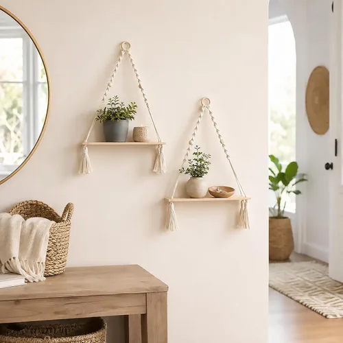 Vista 2 de Artilady Paquete de 2 estantes de madera para colgar en la pared, estantes flotantes bohemios, estante de plantas de macramé blanco, estante