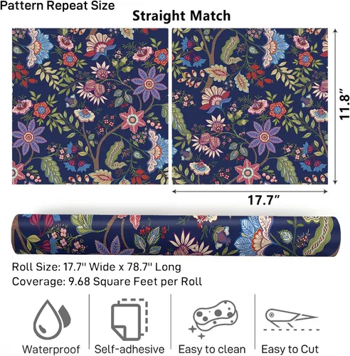 Vista 8 de VaryPaper Papel tapiz de 17.7 x 78.7 pulgadas, papel tapiz floral exótico azul para paredes, papel de contacto floral bohemio para paredes, papel
