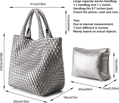 Vista 3 de Queenoris Bolso tejido para mujer, bolso de mano de cuero vegano grande para verano, playa, viaje, bolso y bolso retro hecho a mano