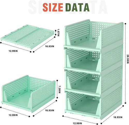 Vista 2 de Organizador de armario, paquete de 4 cubos de almacenamiento apilables para estantes de armario, cesta de almacenamiento de plástico, organizador