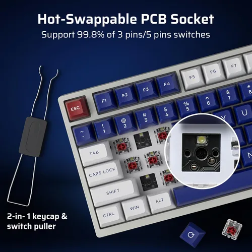 Vista 5 de LTC Nimbleback NB831 Teclado mecánico inalámbrico 75% de 3 modos BT5.02.4GhzUSB-C con cable intercambiable en caliente, teclado compacto RGB de 81