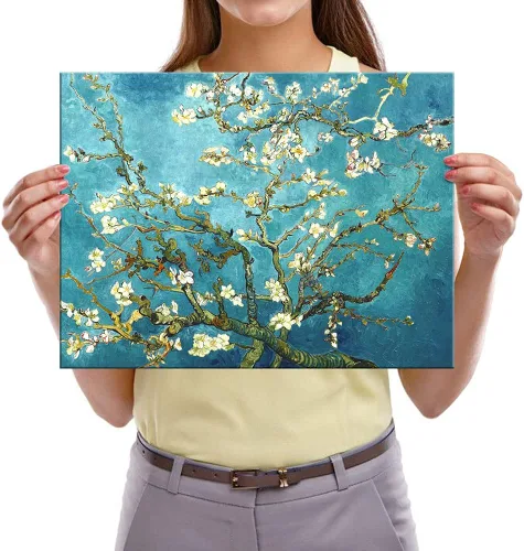 Vista 6 de Pyradecor Modernas pinturas al óleo famosas de flor de almendra, impresiones en lienzo de Van Gogh, cuadros florales sobre lienzo, arte de pared