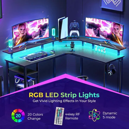 Vista 3 de Rolanstar Escritorio para juegos en forma de L con luces LED y tomas de corriente, escritorio de computadora de 46.2 pulgadas con soporte completo