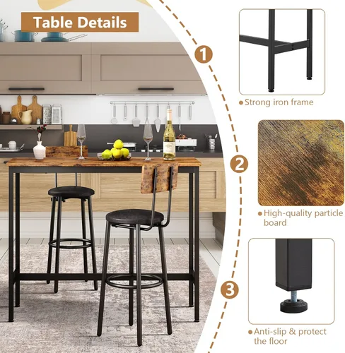 Vista 3 de Juego de mesa de bar y 2 sillas, 3 piezas para espacios pequeños, mesa de comedor rectangular para 2 mesas de bar de altura de mostrador con 2 Mesa