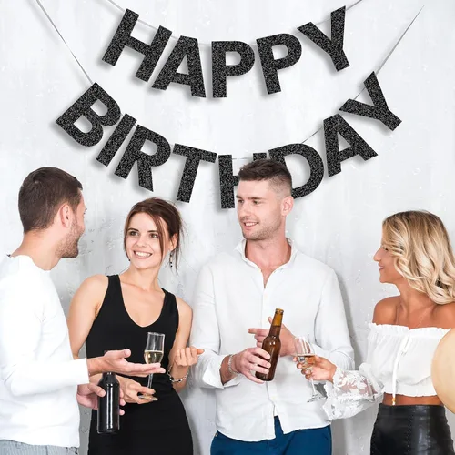 Vista 5 de Pancarta de Feliz Cumpleaños con Purpurina Negra - 9 pies Pre-Ensartada Sin Bricolaje Cartel de Fondo para Fiestas, Adultos, Niños, Mujeres