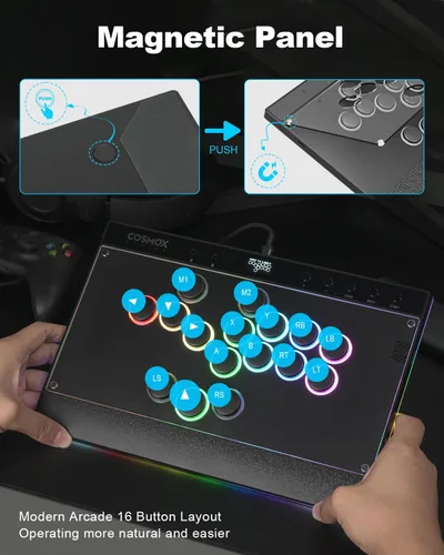 Vista 3 de Palo Arcade sin Palanca Haute42: Palo Arcade Magnético sin Palanca con Bordes RGB, Controlador Arcade Haute42 C16 Premium Negro para Juego