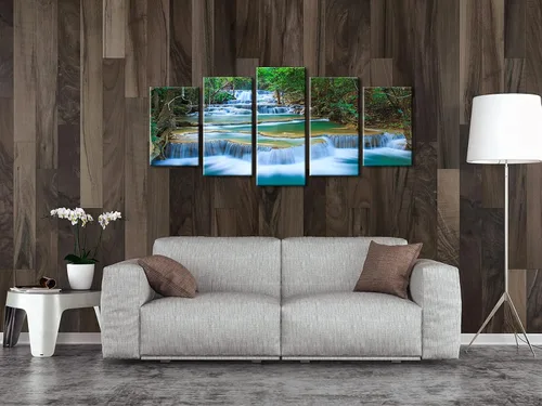 Vista 4 de Wieco Art Lienzo de cascada pacífica para pared, cuadros de árboles verdes para sala de estar, dormitorio, decoración del hogar, 5 piezas, estirado
