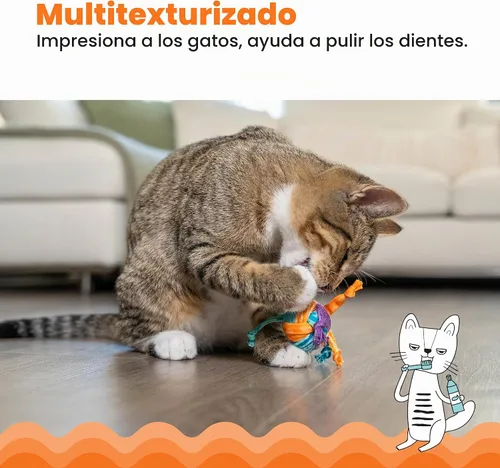 Vista 4 de Catstages Catnip Tons of Tails - Juguete interactivo masticable dental con hierba gatera para gatos con cuerda, cinta y algodón para batear
