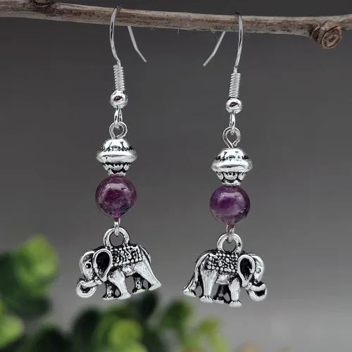 Vista 4 de SUKKCCNO Aretes de plata de ley 925 vintage, diseño de elefante, amatistaesmeralda, diseño de animales de la suerte, hipoalergénicos, regalo