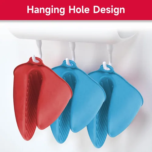 Vista 6 de NEPAK 2 pares de guantes de horno resistentes al calor, mini guantes de horno de silicona, manoplas para cocina, cocinar y hornear (rojo y azul)